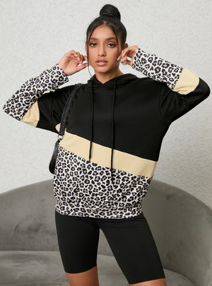 Leopard Print Splicing Hooded Long-sleeved Top