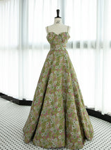 Green Print Spaghetti Straps Prom Dress