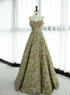 Green Print Spaghetti Straps Prom Dress