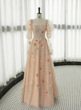 Champagne Tulle Sequins Prom Dress