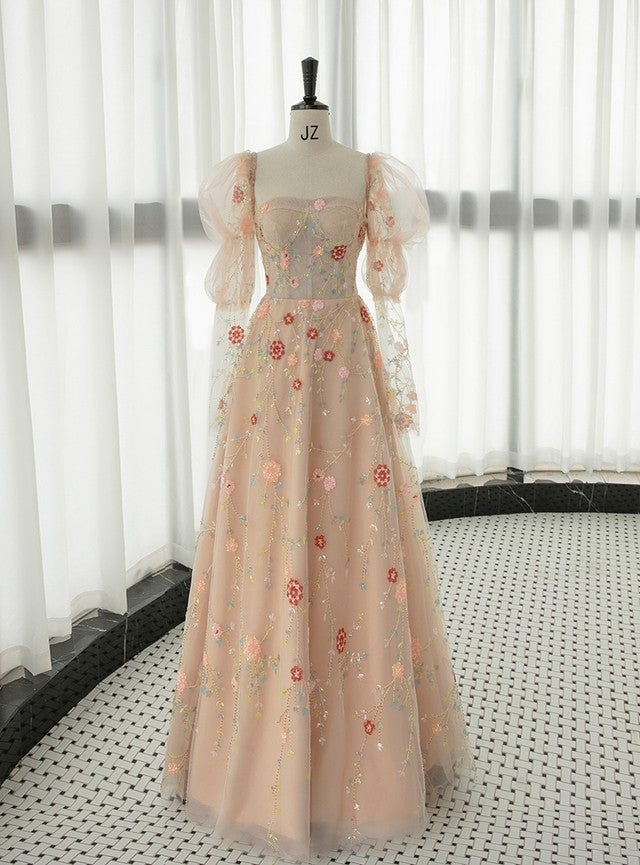 Champagne Tulle Sequins Prom Dress