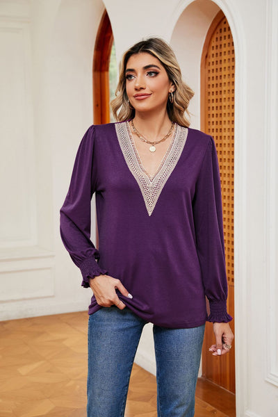 V-neck Lace Stitching Loose Long Sleeve T-shirt