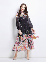 Long-sleeved Printed Chiffon Top Skirt Suit