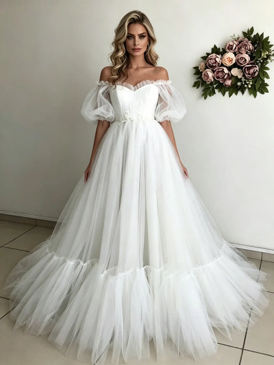 White Tulle Puff Sleeve Off the Shoulder Wedding Dress
