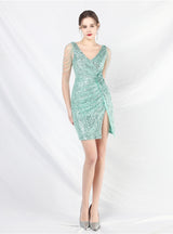 V-neck Sleeveless Sequins Beading Short Dress