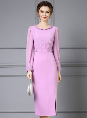 Pink Purple Long Sleeve Mother Of The Bride Dress