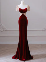 Burgundy Velvet Short Sleeve Beading Prom Dress