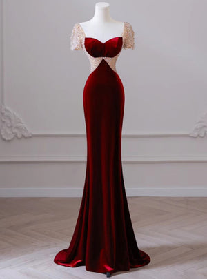 Burgundy Velvet Short Sleeve Beading Prom Dress