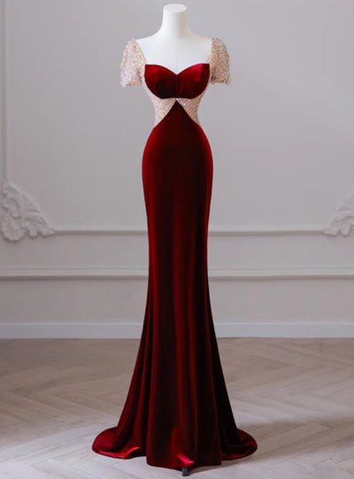 Burgundy Velvet Short Sleeve Beading Prom Dress