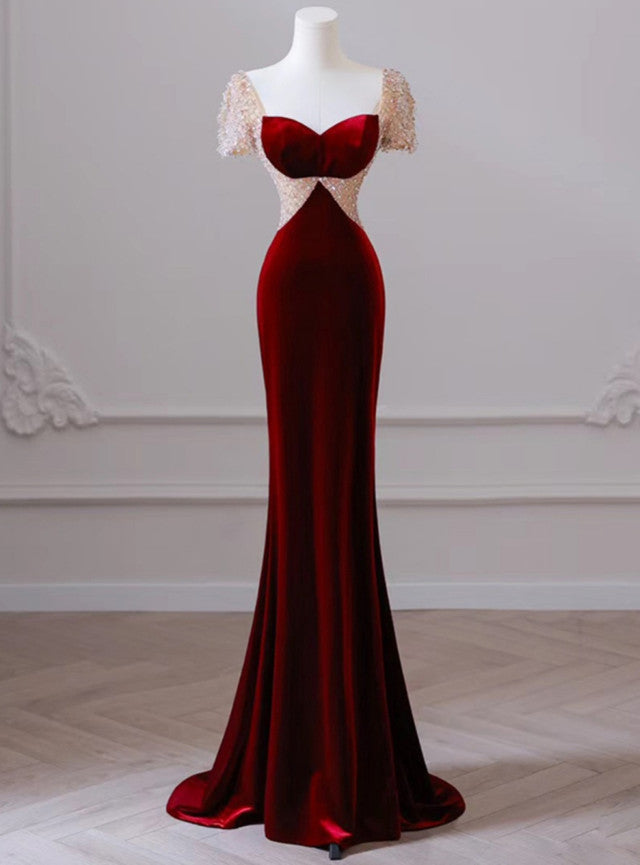 Burgundy Velvet Short Sleeve Beading Prom Dress