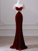Burgundy Velvet Short Sleeve Beading Prom Dress