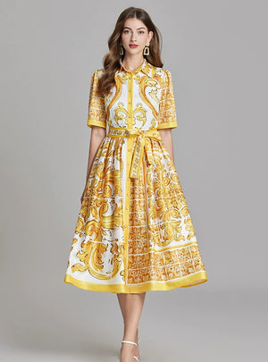 Retro Printed Silm Waist Lapel Shirt Dress