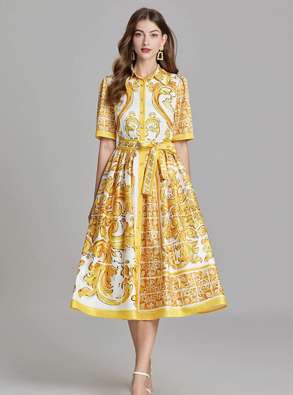 Retro Printed Silm Waist Lapel Shirt Dress