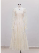 Beige Sequins Long Sleeve Prom Dress