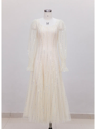 Beige Sequins Long Sleeve Prom Dress