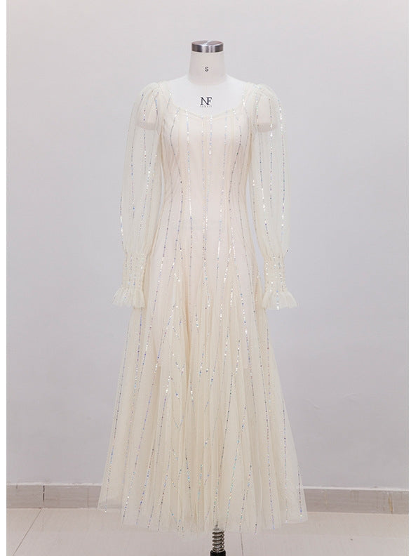 Beige Sequins Long Sleeve Prom Dress
