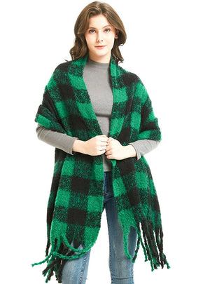 Fringed Green and Black Plaid Scarf