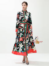 Retro Printed Breasted Long Sleeve Dress