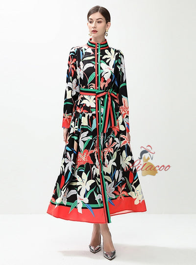 Retro Printed Breasted Long Sleeve Dress