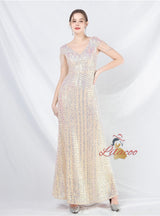 V-neck Sequins Cap Sleeve Beading Prom Dress