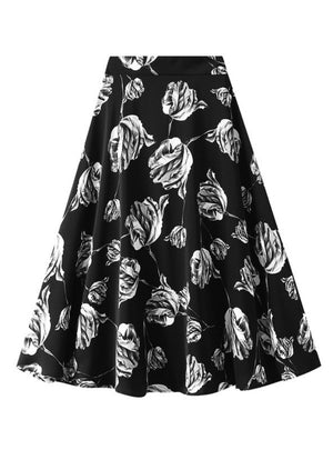 Rose Print High Waist Medium Length Skirt