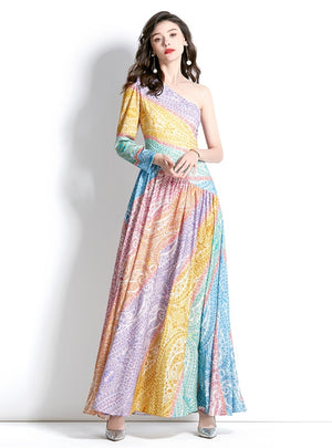 One-shoulder Irregular Color Print Dress