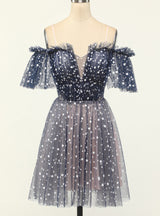 Tulle Wave Point Spaghetti Straps Homecoming Dress