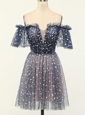 Tulle Wave Point Spaghetti Straps Homecoming Dress