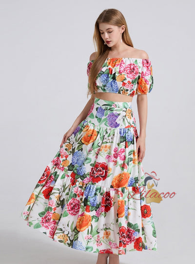 Off the Shoulder Puff Sleeve Top+Slim Skirt Two-piece