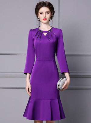 Purple Long Sleeve Beading Mother Of The Bride Dress