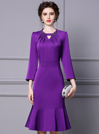 Purple Long Sleeve Beading Mother Of The Bride Dress