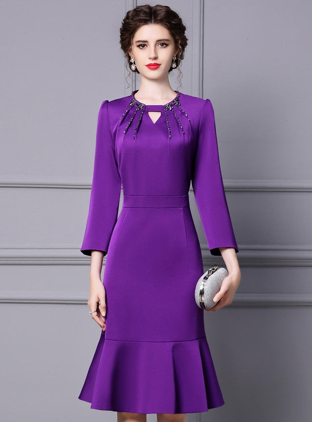 Purple Long Sleeve Beading Mother Of The Bride Dress