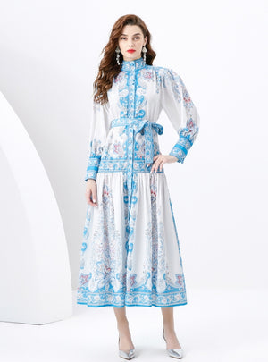 Palace Single-breasted Lantern Sleeve Printed Dress