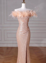 Champagne Mermaid Sequins Feather Prom Dress