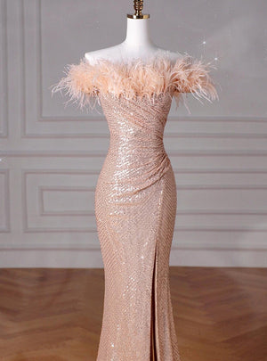 Champagne Mermaid Sequins Feather Prom Dress