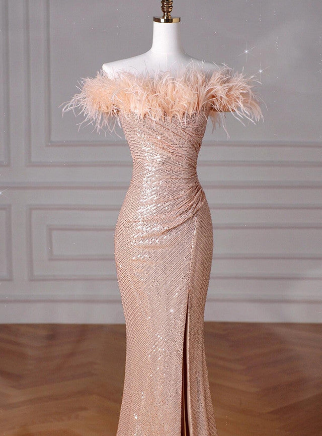 Champagne Mermaid Sequins Feather Prom Dress
