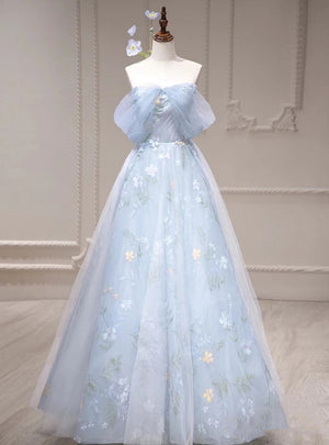 Blue Tulle Print Off the Shoulder Prom Dress