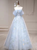 Blue Tulle Print Off the Shoulder Prom Dress