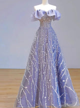 Blue Tulle Sequins Off the Shoulder Prom Dress