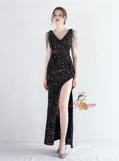 V-neck Sequins Beading Split Prom Dress