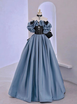 Blue Satin Black Lace Prom Dress