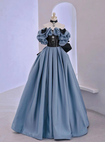 Blue Satin Black Lace Prom Dress