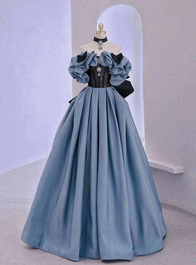 Blue Satin Black Lace Prom Dress