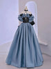 Blue Satin Black Lace Prom Dress