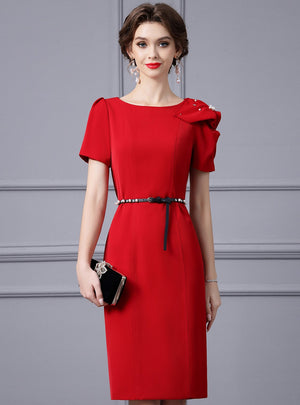 Red Short Sleeve Pearls Mother Of The Bride Dress