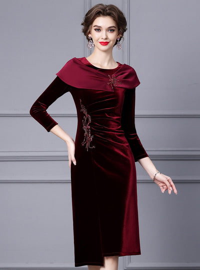 Burgundy Velvet Long Sleeve Mother Of The Bride Dress