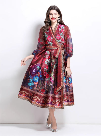 V-neck National Style Printed Satin Long Dress