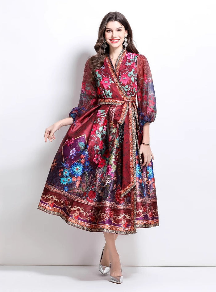 V-neck National Style Printed Satin Long Dress
