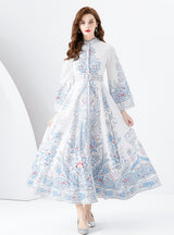 Stand-up Collar Breasted Slim Print Dress