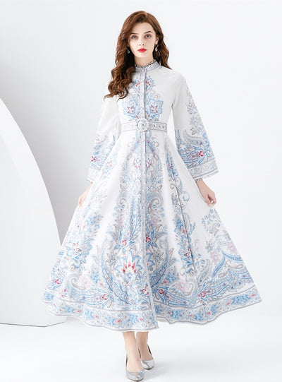 Stand-up Collar Breasted Slim Print Dress